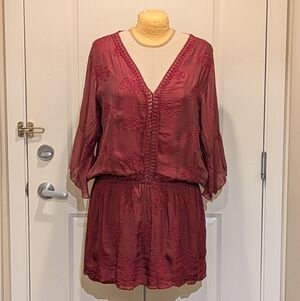 GUC 90s New World XL Silk Blend Plum Coloured Embroidered Paisley Boho Dress